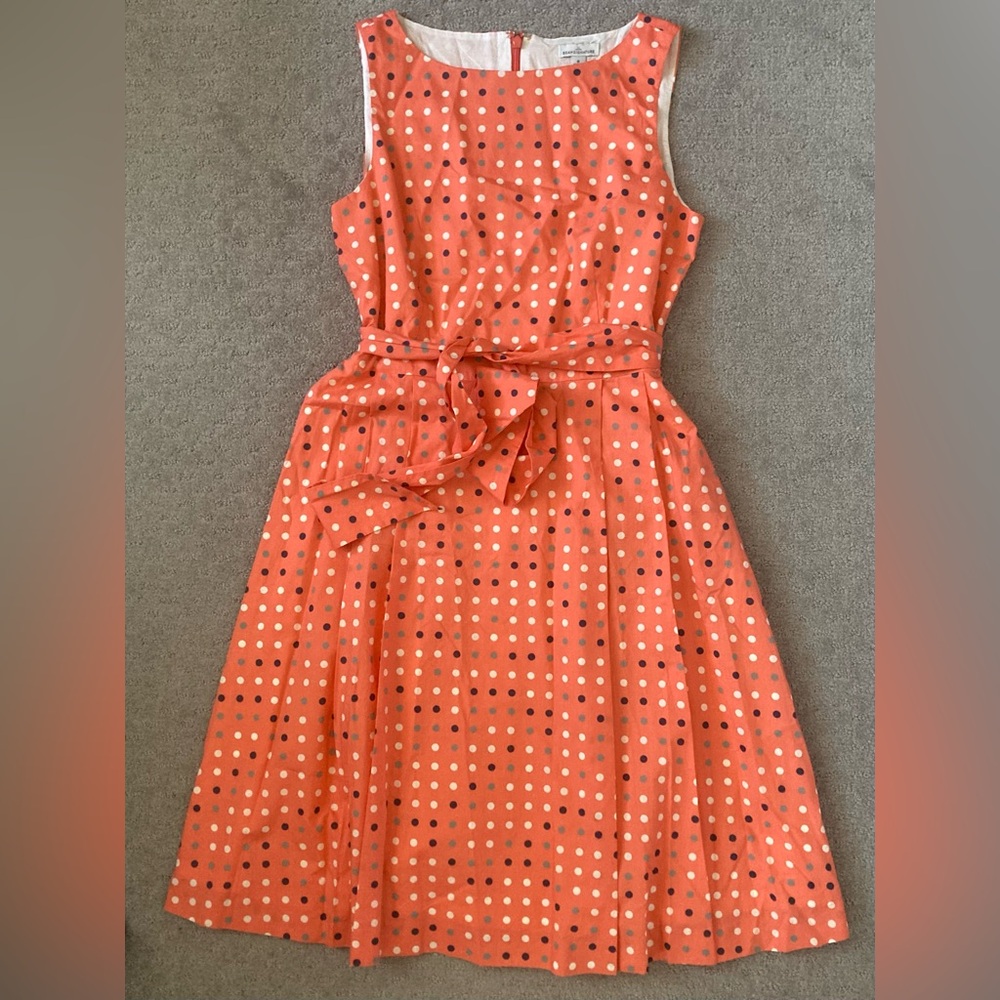 L.L. Bean Coral Polka Dot Sleeveless Belted Dress